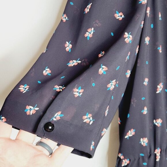 Vintage‎ 70s 80s black floral sheer 3/4 slvs pleat top midi dress M/L grunge - Picture 7 of 9